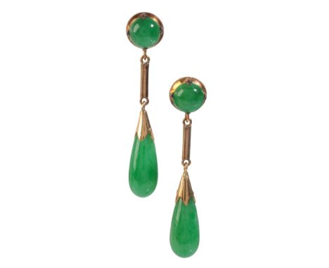 A PAIR OF JADE EARRINGSin 14ct gold, each set with a jadeite jade cabochon, articulated to a jadeite jade drop, secured with 