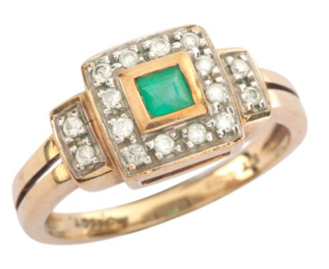 AN EMERALD AND DIAMOND DRESS RINGin 9ct gold, set with a step cut emerald surrounded by a border of round brilliant cut diamo