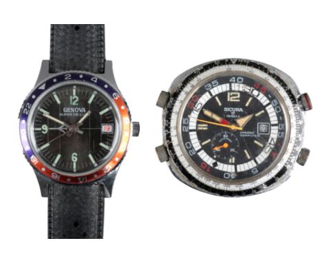 SICURA CHRONO COMPUTER: A STAINLESS STEEL WRISTWATCHwith manual wind movement, the black dial with Arabic and baton hour mark