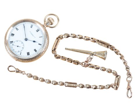 THOMAS RUSSELL & SONS, LIVERPOOL: A 9CT GOLD OPEN FACE POCKET WATCHwith keyless wind movement, the white enamel dial with bla