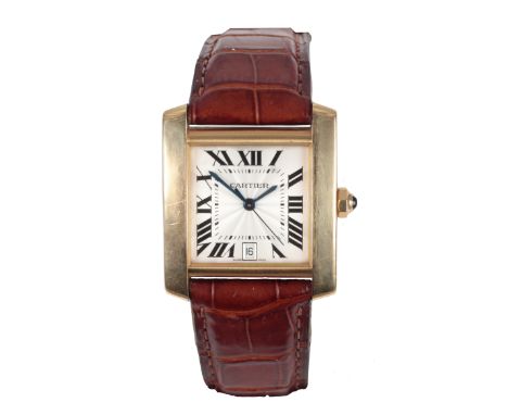 CARTIER TANK FRANCAISE: AN 18CT GOLD WRISTWATCH with automatic movement, the silver dial with black Roman numerals, dark blue