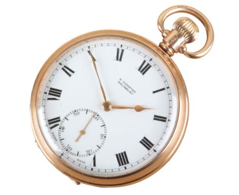 A. CONSTAD OF SALISBURY: A 9CT GOLD OPEN FACE POCKET WATCHwith keyless wind movement, the white enamel dial with black Roman 