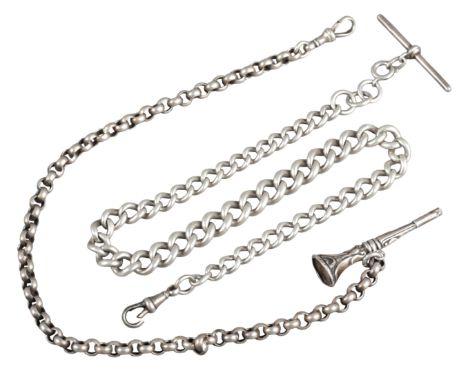 A SILVER CHAIN-LINK POCKET WATCH CHAINwith a silver cheroot fob, 62cm long; and another silver chain-link pocket watch chain,