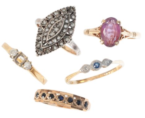 A COLLECTION OF GEM-SET RINGSin 9ct and 18ct gold, including a navette-shaped diamond cluster ring; together with an amethyst