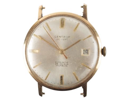 CENTAUR DE LUXE: A 14CT GOLD WRISTWATCHwith automatic  movement, the silver dial with gold baton hour markers and hands, date