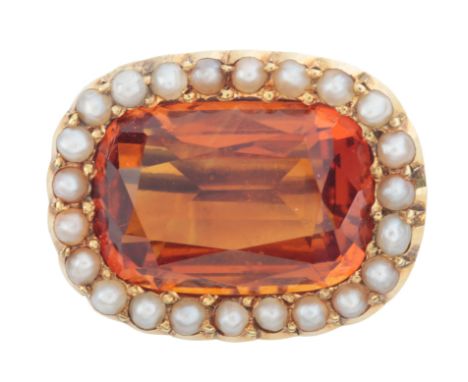 A CITRINE AND PEARL BROOCHin 9ct gold, set with a cushion cut citrine of c.6.02 carats, surrounded by a border of split pearl