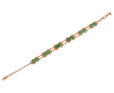A JADE BRACELETin 14ct gold, comprising a series of stylised links with textured edges set with jade, secured with a tongue a