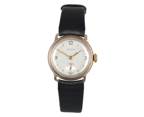 CYMA: A  9CT GOLD WRISTWATCHwith manual wind movement, the silver dial with subsidiary seconds dial, gold hands, gold Arabic 