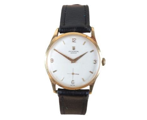 UNIVERSAL GENEVE: AN 18CT GOLD WRISTWATCHwith manual wind movement, the silver dial with gold Arabic and baton numerals, subs
