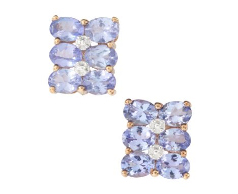 A PAIR OF TANZANITE STUD EARRINGSin 9ct gold, each set with two rows of oval cut tanzanites, secured with post and butterfly 