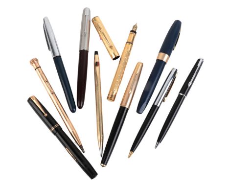 A SWAN GILT METAL FOUNTAIN PENwith No. 2 14ct gold nib and a collection of nine vintage pens/pencils (10)