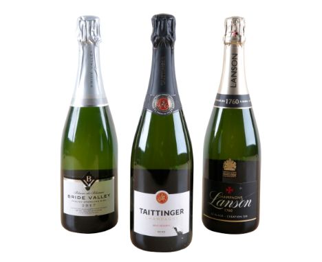 TAITTINGER NV CHAMPAGNEone 75cl bottle; Lanson Black Label non vintage champagne, one 75cl bottle; and Bride Valley Blanc de 