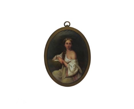 A KPM oval portrait plaque, 19th century, probably KPM, painted with a young girl seated and wearing a loose white costume th