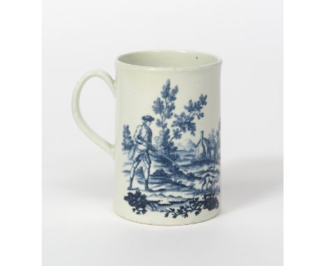 A rare Worcester cylindrical blue and white mug, c.1775, printed with Man Holding a Gun and Man Shooting a Gun, each hunter i