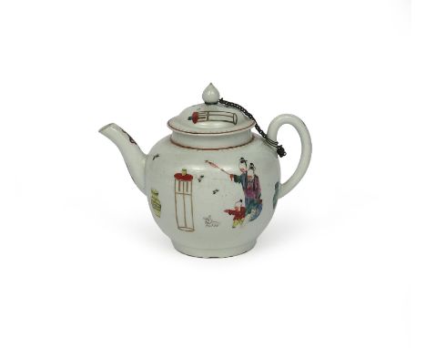A Worcester teapot and cover, c.1765-70, painted with a Chinese family standing beside a tall stand with butterflies in fligh