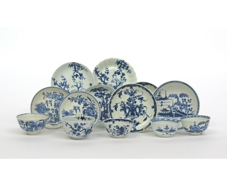 Seven Worcester blue and white saucers and five teabowls, c.1758-75, variously decorated in Mansfield, Cannon Ball, Fence and