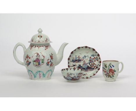 A Pennington's (Liverpool) teapot and cover, c.1770-75, moulded with foliate panels and painted with vignettes of Chinese fig