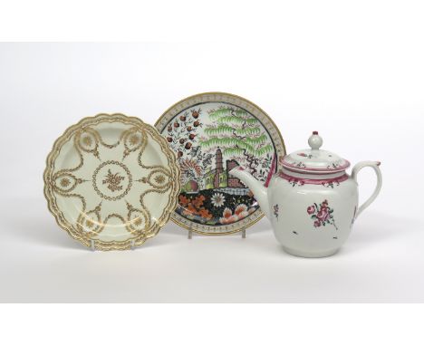 A New Hall teapot and cover, c.1790, simply decorated with flower sprigs in a palette of pink, purple and red, a New Hall sau