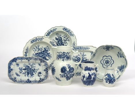A small collection of Worcester blue and white porcelains, c.1765-80, including a cabbage leaf jug printed with naturalistic 