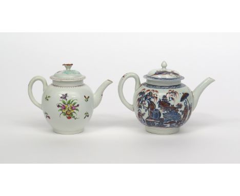 A Pennington's (Liverpool) teapot and cover, c.1775, printed in underglaze blue with Chinese figures in a garden setting, ove