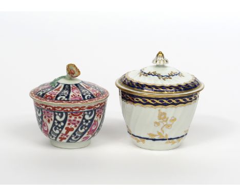 Two Worcester sucriers and covers, c.1770-90, one painted with the Queen Charlotte pattern, the base with a square seal mark,