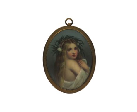 A Continental porcelain oval portrait plaque, 19th century, possibly KPM, depicting a young girl draped in a white robe and w