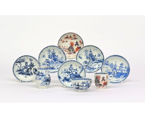 A small group of Lowestoft tea wares, c.1770-90, including five blue and white saucers, a teabowl and a milk jug painted with