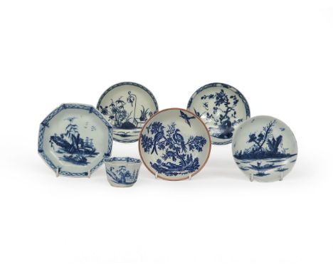 Five Worcester blue and white saucers, c.1760-80, painted in the Gazebo, Bird in a Ring and Rock Warbler patterns, one octago