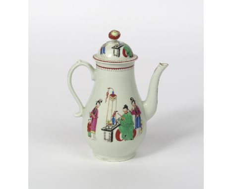 A Worcester coffee pot and cover, c.1765-70, painted in polychrome enamels with the Chinese Family pattern, with figures arou