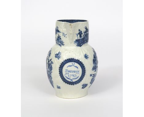 A rare Caughley blue and white cabbage leaf jug, dated 1783, the moulded sides printed with the Fisherman and Cormorant patte