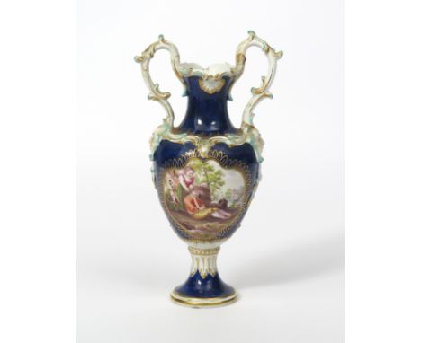 A Chelsea-Derby vase,  c.1765, painted with a lady standing above her sleeping companion leaning against a barrel, the revers