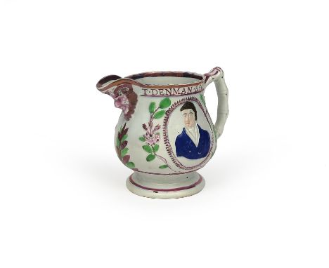 A commemorative pearlware lustre jug, c.1820, moulded and enamelled with a head and shoulders portrait of Thomas Denman, 1st 