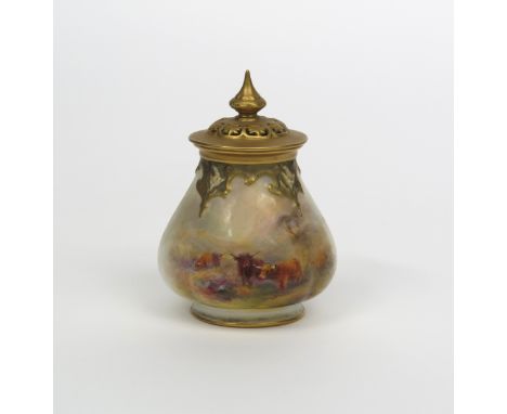 A Royal Worcester pot pourri vase and cover, date code for 1930, the lobed shape painted by Harry Stinton with Highland cattl