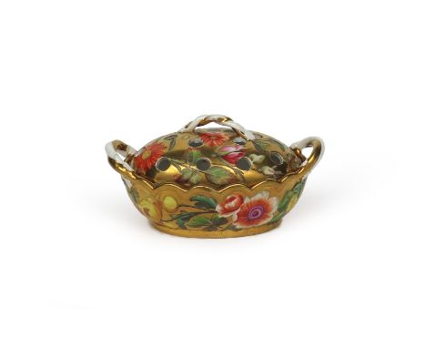 A Spode small pot pourri basket and cover, c.1815, the oval form decorated in pattern 711 with colourful flowers on a gold gr