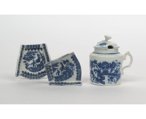 A Caughley blue and white mustard pot and cover, c.1780, printed with the Fence pattern, printed C mark, and two asparagus se