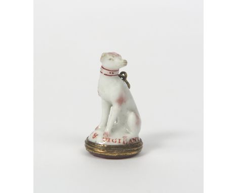 A Chelsea porcelain seal, c.1755, modelled as a dog seated on his haunches with head turned over his left shoulder, inscribed