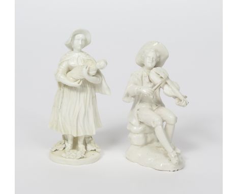 Two rare Derby white-glazed figures, c.1760, one of a mother holding her baby, part of the Tithe Pig group, raised on a circu