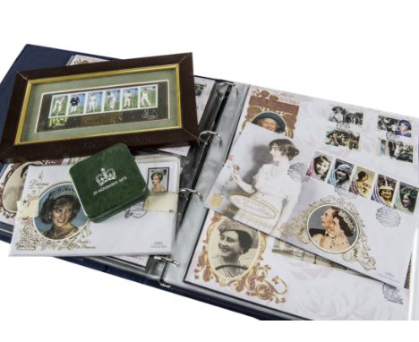 A modern album of Queen Mother First Day Covers and other coins and FDCs, including a 1999 Britannia silver 2 Pounds coin, a 