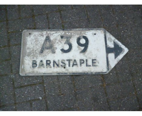 Pre Warboys Barnstaple Direction Sign, an alloy sign in the form of an arrow black on white inscribed  Barnstaple A39, 77cm w