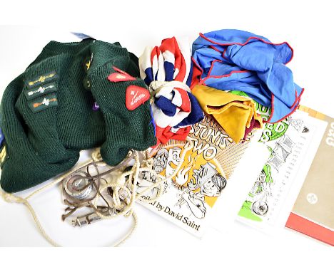 An assortment of Scouting items, including a uniform, comprising of two jumpers, a shirt, a cap and side cap, with various cl