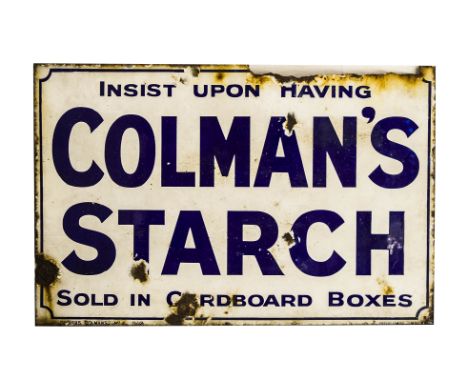 Colman's Starch Sign, an enamel sign blue on white inscribed Insist Upon Having Colman's Starch, by the Patent Enamel Co Birm