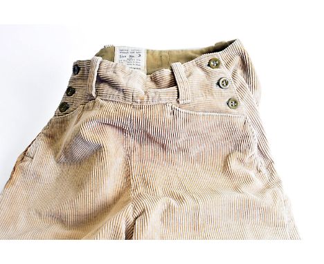 A pair of Women's Land Army Corduroy breeches, size No.3, marked with broad arrow and dated 1946, by Arthur Crabtree, also wi