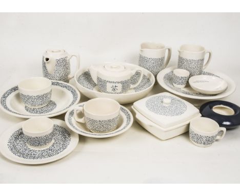 SS Canberra First Class Dinner and Tea Ware, ceramic tea and dinner ware with a geometric blue pattern designed by Lady Casso