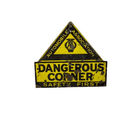 AA Dangerous Corner Signs two yellow and black triangular enamel signs, inscribed Dangerous Corner Safety First, both by Fran