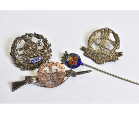 Four World War One period silver pin badges, all hallmarked Birmingham, comprising The Essex Regiment, dated 1915 by Ahronber