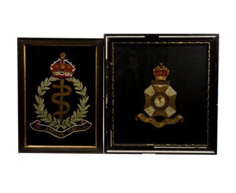 Two framed and glazed embroidered insignia pictures, one for Queen Victoria's Rifles and the other for The Royal Army Medical