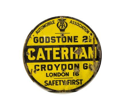  AA Caterham Road Sign, an original circular yellow and black enamel road sign inscribed Caterham, Godstone 2½, Croydon 6¼, L