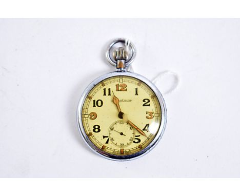 A Military issue Jaeger Le Coultre open faced pocket watch, with Arabic numerals and second hand subsidiary dial behind yello