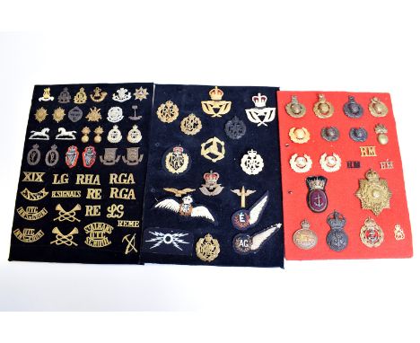 A collection of British Forces cap and collar badges, including RAF, Naval and Army Regiments, comprising metal, plastic and 