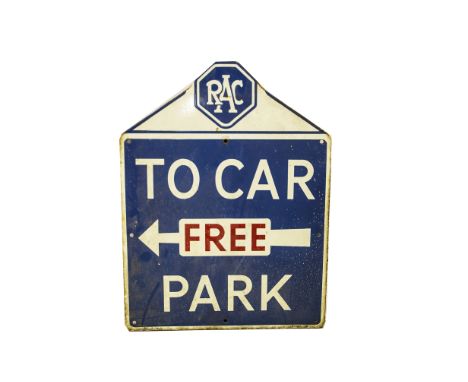 RAC To Car Park Sign, an arched enamelled sign depicting RAC emblem above lettering To Free Car Park with direction arrow whi